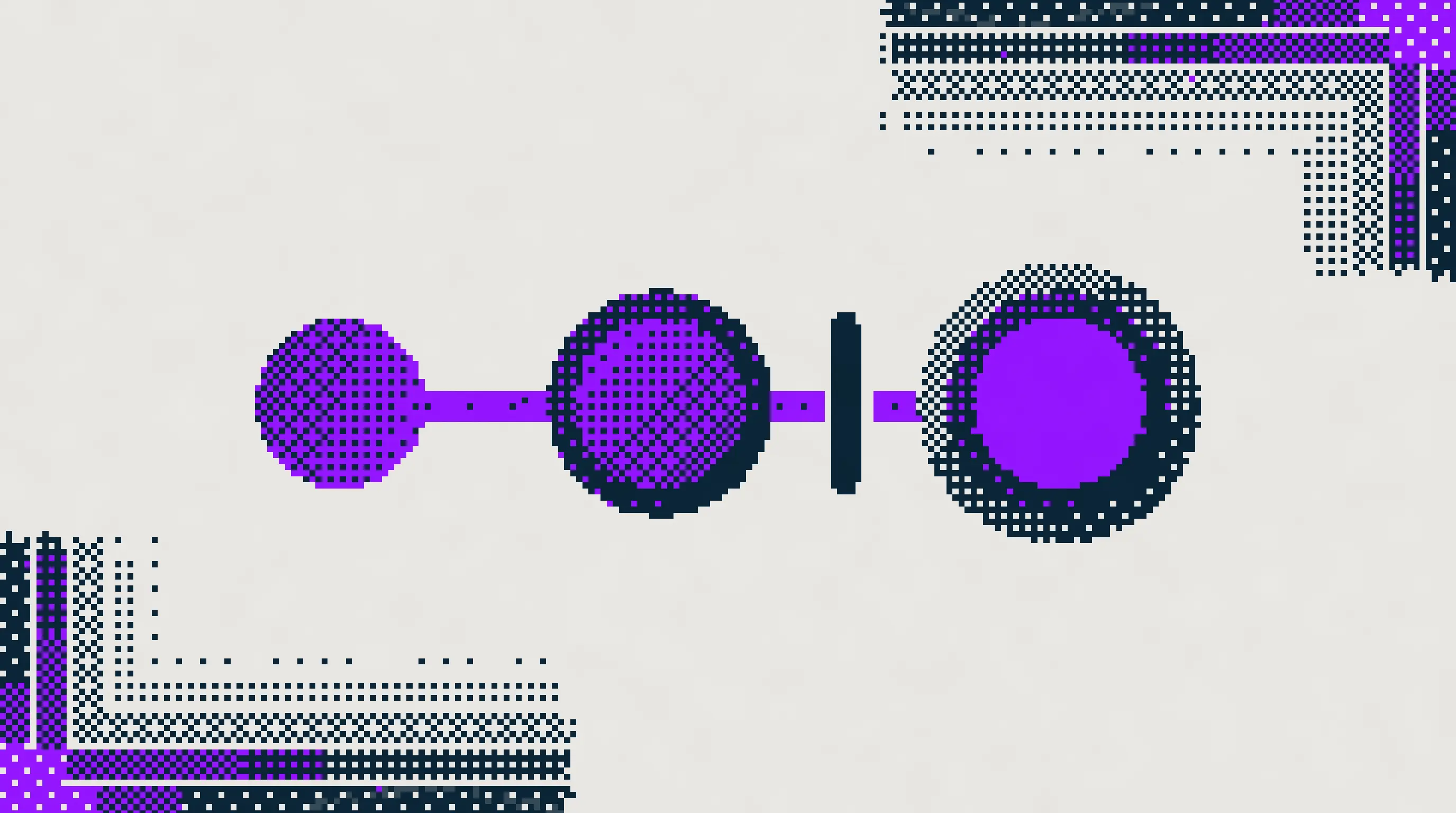 Three circles on a bar with no ring, one ring and two rings. A short crossbar interrupts the bar before the last, which has a solid purple core.