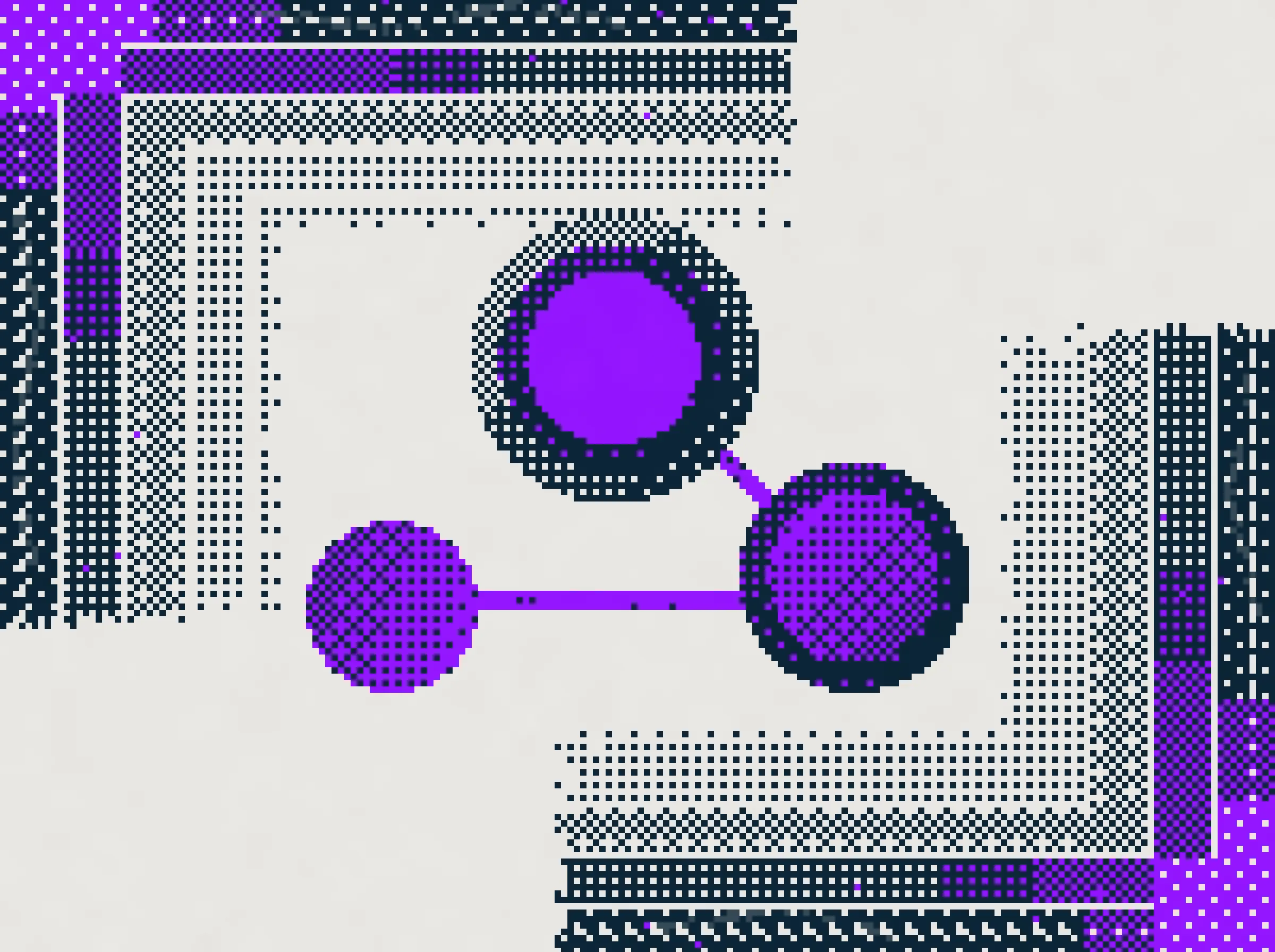 Three linked purple and navy circles with no ring, one ring and two rings. The top, largest one has a solid purple core.